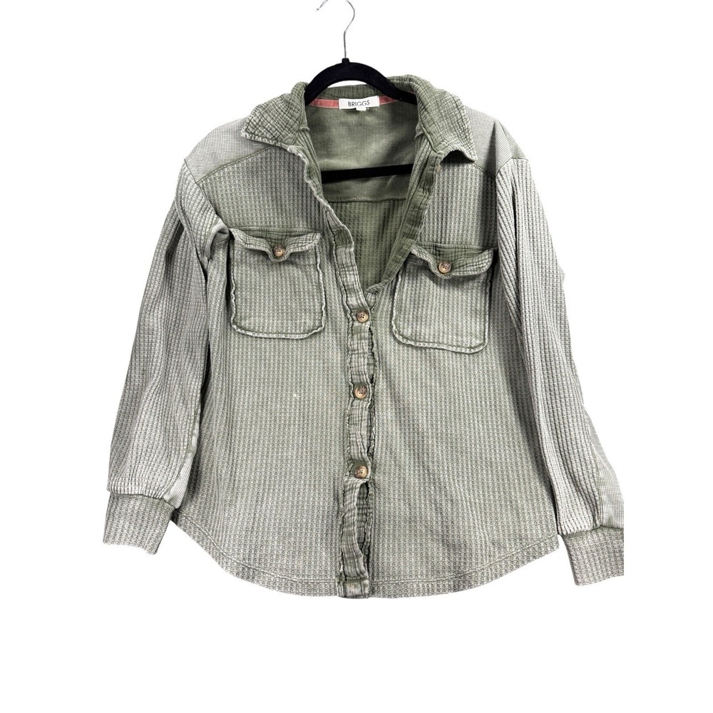 Briggs Women's Waffle Knit Button Up Shirt Sage Green Long Sleeve Size Small
